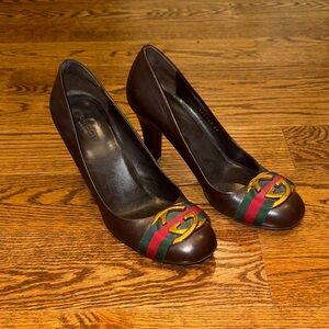 Gucci Women's Brown Heels with Signature Stripe